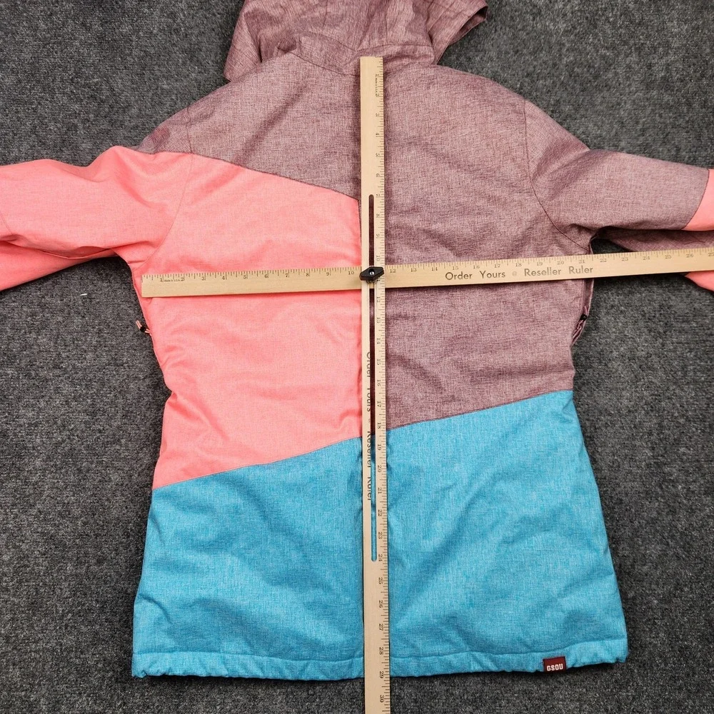 GSOU SNOW Jacket Womens Medium Pink Blue‎ Colorblock Ski Snowboard Hooded 10K